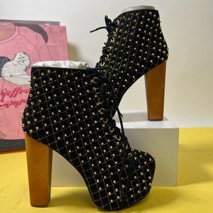 NIB Jeffrey Campbell Lita, Black/ Gold Suede Platform Heeled Boots